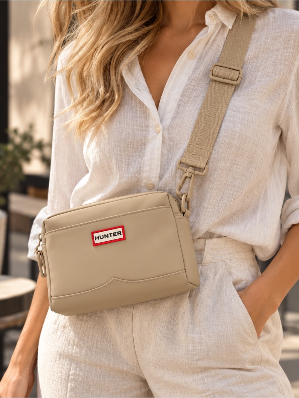 Hunter Beige Crossbody Camera Bag with Wide Strap
